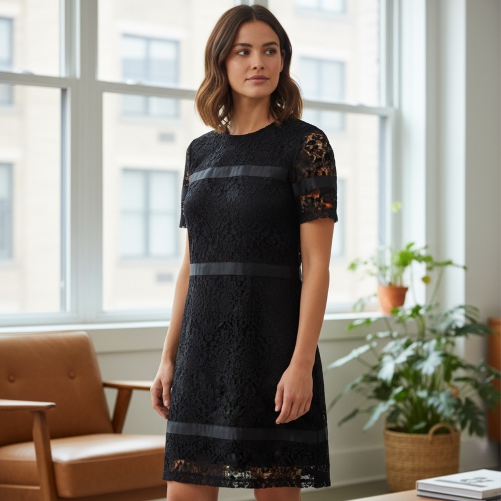 REBECCA TAYLOR Lace Mesh Sheer Short Sleeve Mini Dress